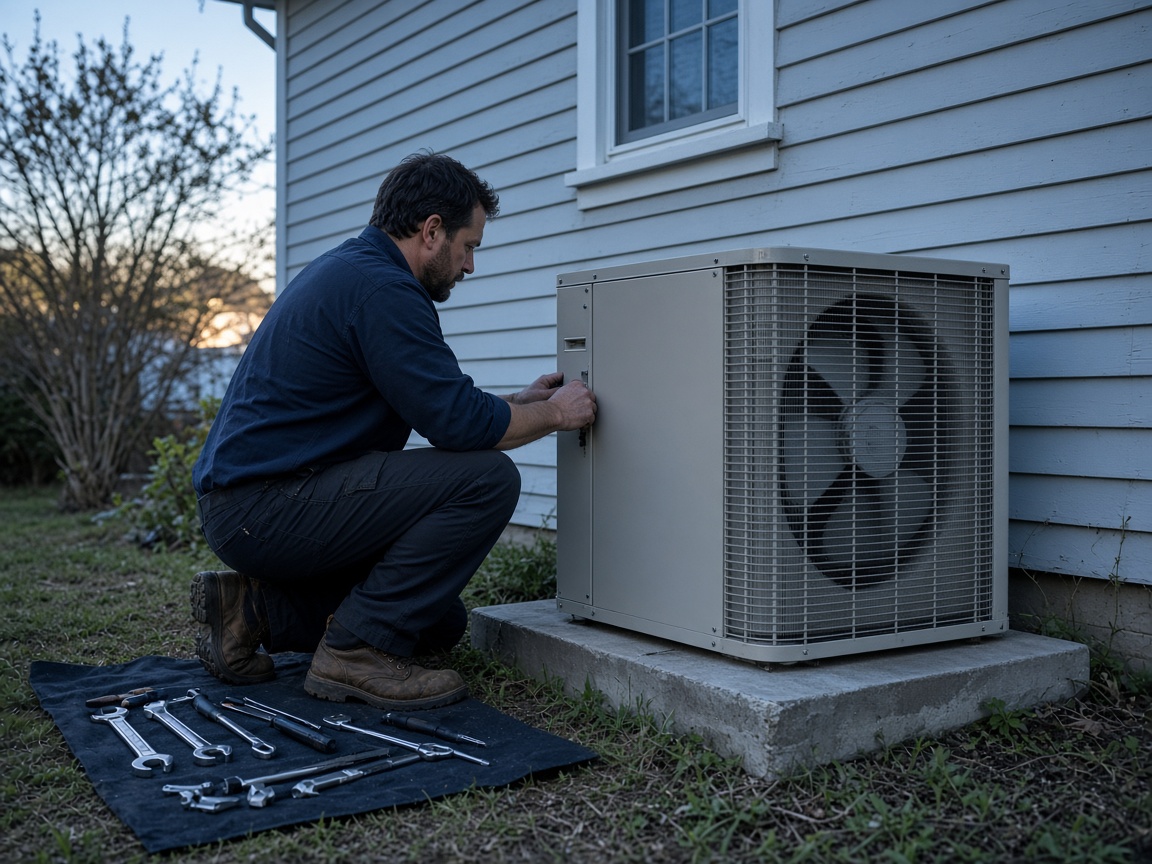 Technician working at an outdoor condenser beside a clapboard house