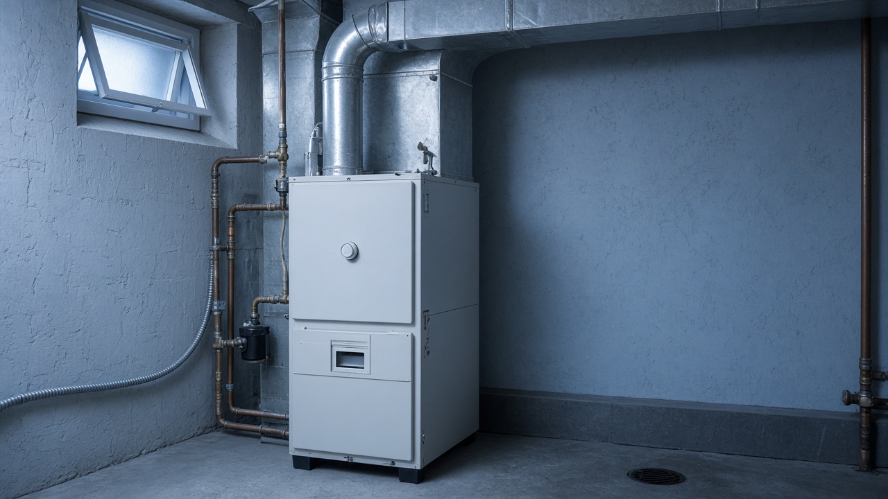 Warm-air furnace and ductwork in a basement mechanical room