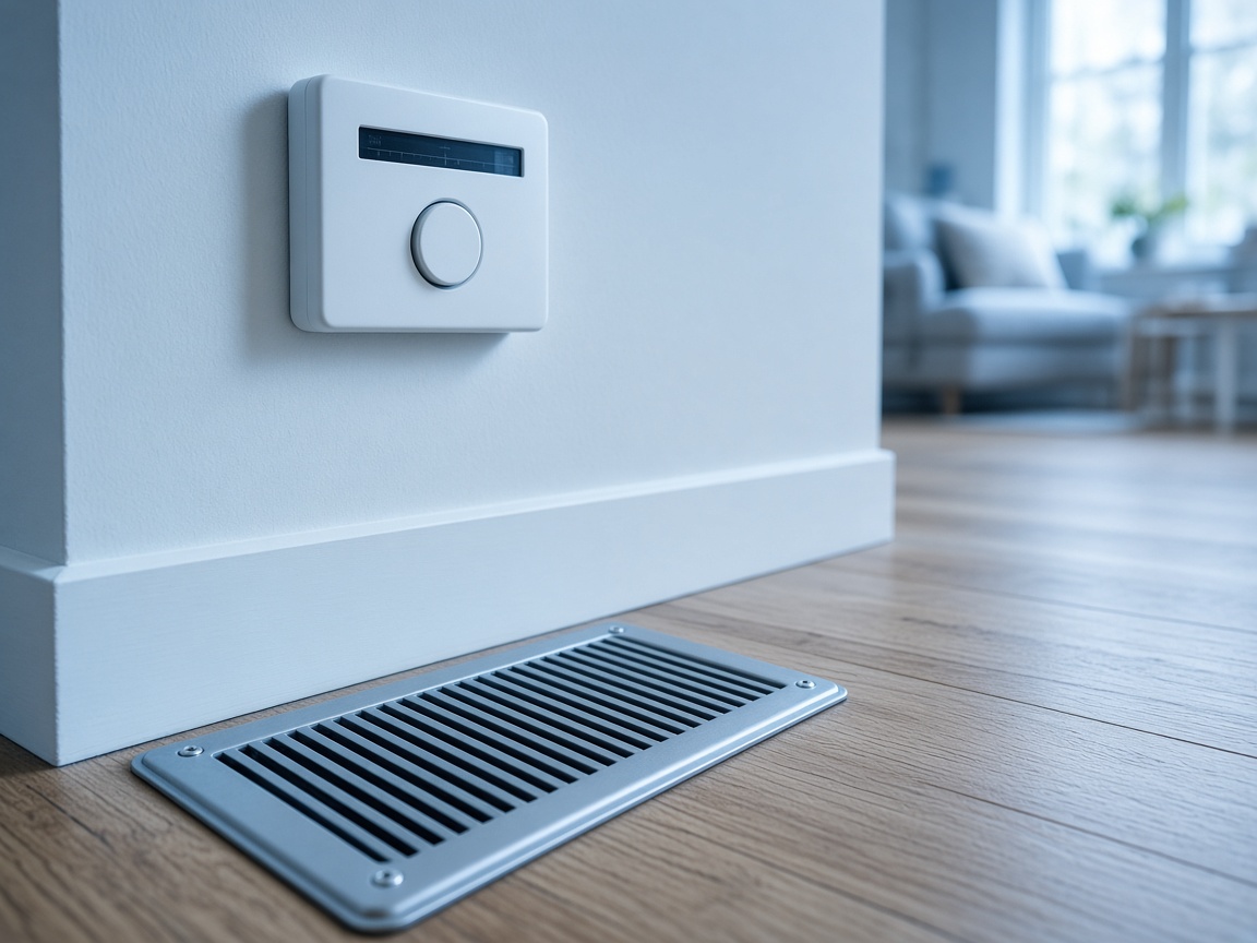 Wall thermostat beside a floor supply register